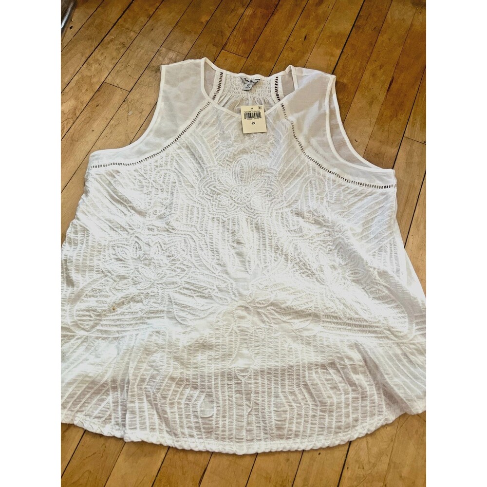 Lucky Brand White Sleeveless Embroidered Tank Top Plus 1X Boho Embroidery